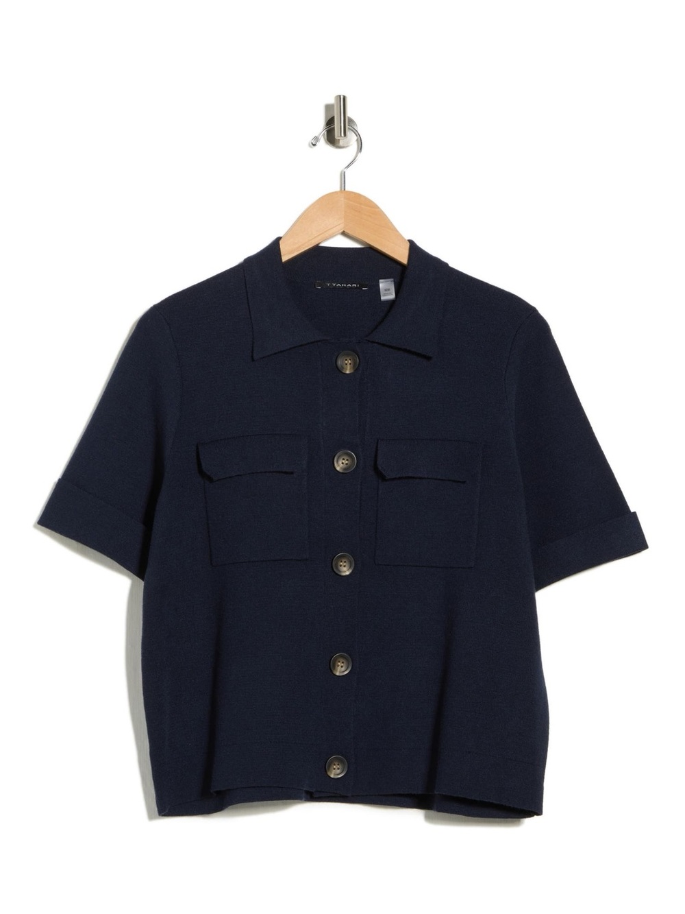 T Tahari Navy Short-Sleeve Button Front Knit Blazer